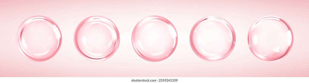 Cosmetic collagen serum or essence drops on pink background. Hyaluronic acid bubbles. Skincare product. Vector illustration