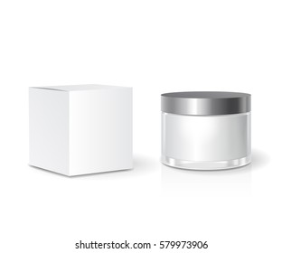 Cosmetic Collection Box And Skin Care Cream Jar Template, Blank White Package. Realistic Mock Up