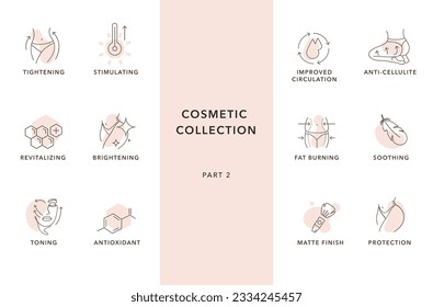 cosmetic collection of icons. action, effect, skin, body, face	