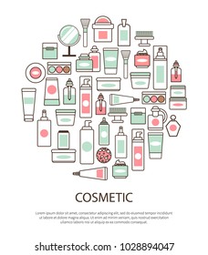 Cosmetic collection with text sample, lettering and hand drawn elements of tubes and brushes, glass bottles vector illustration isolated on white