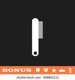 Cosmetic comb icon flat. White pictogram on black background. Vector illustration symbol and bonus button tooth, vase, star, mirror, bottle