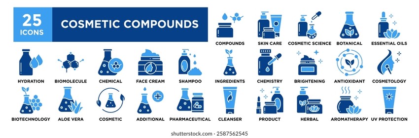 Cosmetic Compounds icon collection set. Containing design Cosmetic Compounds, Skin Care Products, Cosmetic Science, Botanical, Essential Oils