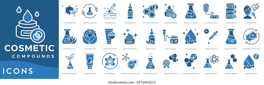 Icon-Set für kosmetische Verbindungen. Wirkstoffe, Kosmetikformeln, Hautverbesserer, Hydratationsschub, Anti-Aging-Verbindungen, feuchtigkeitsspendende Mischung, Pflanzenextrakte, Kollageninfusion, Vitaminkomplex