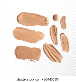 Cosmetic concealer smear strokes on transparent background, tone cream smudged Vector.
