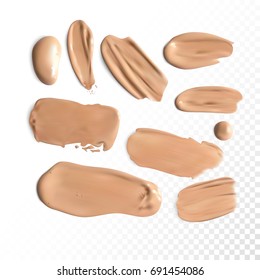 Cosmetic concealer smear strokes on transparent background, tone cream smudged Vector.