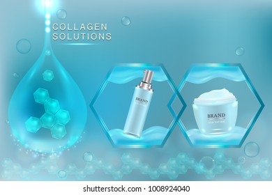 Cosmetic container with advertising background ready to use, blue liquid luxury skin care ad. illustration vector.