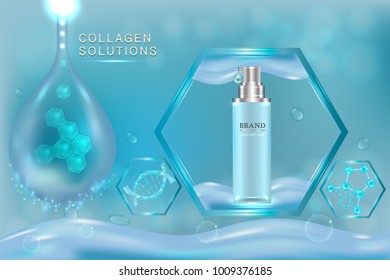 Cosmetic container with advertising background ready to use, blue liquid luxury skin care ad. illustration vector.