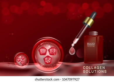 cosmetic container with advertising background ready to use, collagen solution skin care ad, vector 3d illustration.
