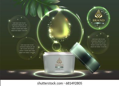 Cosmetic container with advertising background ready to use, natural concept skin care ad. Illustration vector