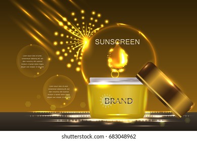 Cosmetic container with advertising background ready to use, sun protection concept skin care ad. Illustration vector