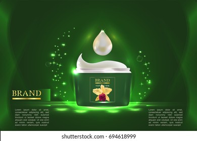 Cosmetic container with advertising background ready to use, green natural concept skin care ad. Illustration vector