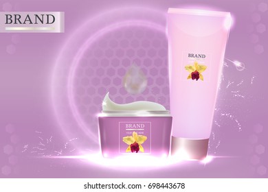 Cosmetic container with advertising background ready to use, pink skin care ad. Illustration vector
