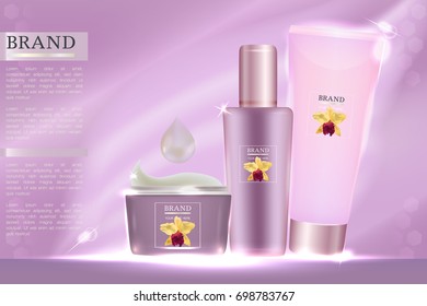Cosmetic container with advertising background ready to use, pink skin care ad. Illustration vector