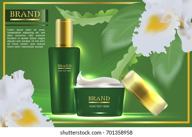 Cosmetic container with advertising background ready to use, green natural concept and white orchid skin care ad. Illustration vector