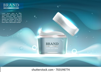 Cosmetic container with advertising background ready to use, light blue skin care ad. Illustration vector