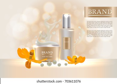 Cosmetic container with advertising background ready to use, water spread and orange flower skin care ad. Illustration vector