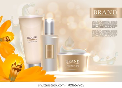 Cosmetic container with advertising background ready to use, water spread and orange flower skin care ad. Illustration vector