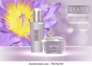 Cosmetic container with advertising background ready to use, lotus flower skin care ad. Illustration vector