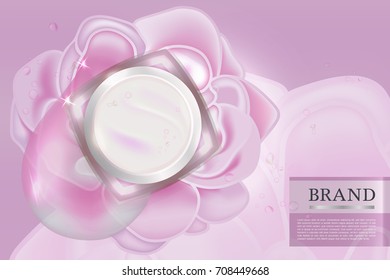 Cosmetic container with advertising background ready to use, top view, sweet pink skin care ad. Illustration vector