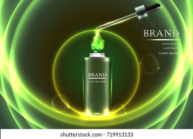 Cosmetic container with advertising background ready to use, collagen serum drop skin care ad. Illustration vector