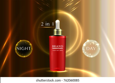Cosmetic container with advertising background ready to use, night and day skincare ad. Illustration vector.