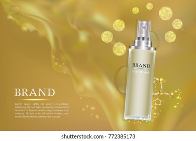 Cosmetic container with advertising background ready to use, luxury skin care ad. Vector illustration.