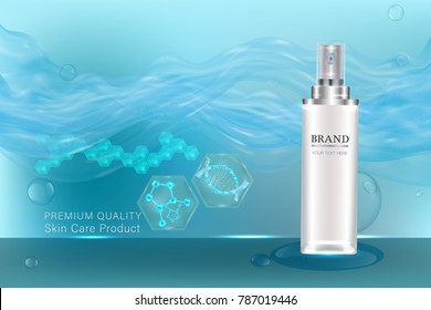 Cosmetic container with advertising background ready to use, blue liquid luxury skin care ad. Illustration vector.