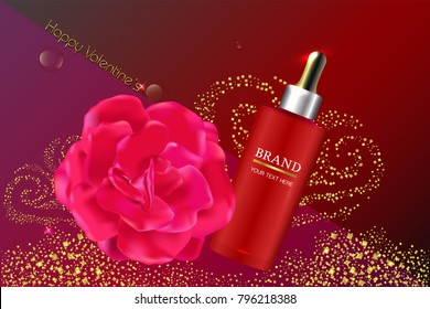 cosmetic container with advertising background ready to use, valentines concept skincare ad. illustration vector.