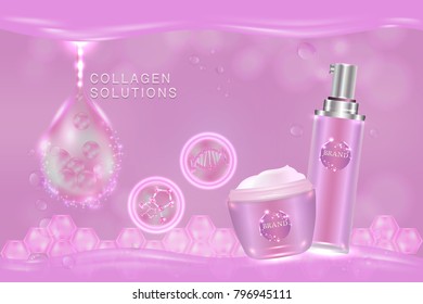 Cosmetic container with advertising background ready to use, pink liquid luxury skin care ad. Illustration vector.