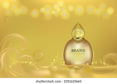 Cosmetic container with advertising background and space for text, gold liquid luxury perfume ad. Vector illustration.
