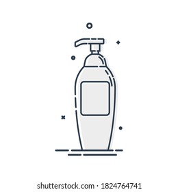 Cosmetic container. Body care hygiene. Illustration bottle. Plastic cosmetic jar product. Beauty product package. Body lotion drop. Foam, lotion, shampoo. Treatment mockup design. Outline object.
