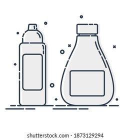 Cosmetic container. Body care hygiene. Illustration bottle. Two plastic cosmetic jar product. Beauty product package. Body lotion drop. Balsam, lotion, shampoo. Treatment mockup design. Outline icon.