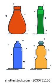 Cosmetic container. Body care hygiene. Set blank package bottle. Four plastic makeup jar product. Color beauty medicine package. Oil, gel, shampoo. Treatment mockup design. Outline object. Vector.
