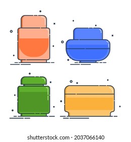 Cosmetic container. Body care hygiene. Blank package bottle. Four plastic makeup jar product. Color beauty medicine package. Oil, gel, cream. Treatment mockup design. Outline object. Vector.