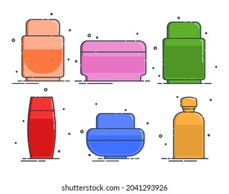 Cosmetic container. Body care hygiene. Set blank package bottle. Six plastic makeup jar product. Color beauty medicine package. Oil, gel, shampoo. Treatment mockup design. Outline object. Vector.