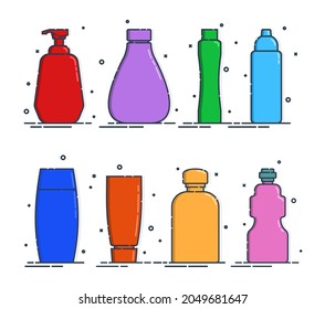 Cosmetic container. Body care hygiene. Set blank package bottle. Eight plastic makeup jar product. Color beauty medicine package. Oil, gel, shampoo. Treatment mockup design. Outline object. Vector.