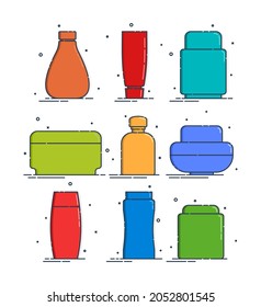 Cosmetic container. Body care hygiene. Set blank package bottle. Nine plastic makeup jar product. Color beauty medicine package. Oil, gel, shampoo. Treatment mockup design. Outline object. Vector.