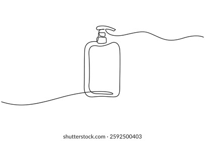 Cosmetic container bottle with pump dispenser vector, One line drawing. Cosmetic bottle with dispenser for hair or skin care product. Editable stroke.