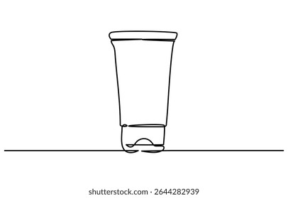 Cosmetic container bottle with pump dispenser vector. One line continuous drawing illustration. Hand drawn linear silhouette icon. Skin care product, liquid soap, lotion, balm, gel. Minimal design.