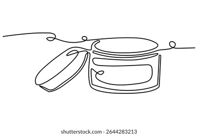 Cosmetic container bottle with pump dispenser vector. One line continuous drawing illustration. Hand drawn linear silhouette icon. Skin care product, liquid soap, lotion, balm, gel. Minimal design.
