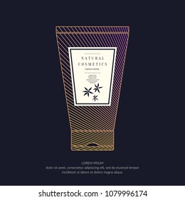 Cosmetic container with dynamic lines. Bright modern poster for the advertising and sale of care products for skin. Vector banner.