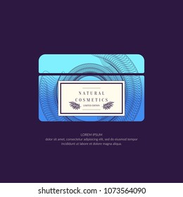 Cosmetic container with dynamic lines and waves. Bright modern poster for the advertising and sale of care products for skin. Vector banner.
