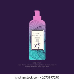 Cosmetic container with dynamic lines and waves. Bright modern poster for the advertising and sale of care products for skin. Vector banner.