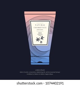 Cosmetic container with dynamic lines and waves. Bright modern poster for the advertising and sale of care products for skin. Vector banner.