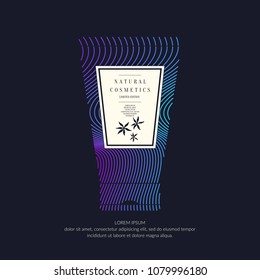 Cosmetic container with dynamic lines and waves. Bright modern poster for the advertising and sale of care products for skin. Vector banner.
