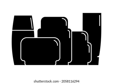 Contenedor cosmético. Cinco productos plásticos de tarro cosmético. Crema de máscara de aceite. Diseño de ilustración vectorial en forma de silueta negra con líneas blancas finas. Icono aislado en estilo plano sobre fondo blanco