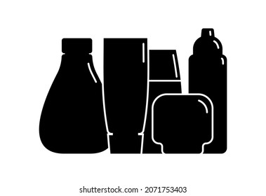 Contenedor cosmético. Cinco productos plásticos de tarro cosmético. Aceite, máscara, crema. Diseño de ilustración en forma de silueta negra con líneas blancas finas. Icono aislado en estilo plano sobre fondo blanco.