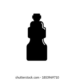 Contenedor cosmético en forma de frasco de plástico. Aceite, loción, higiene del cuidado corporal. Diseño de ilustración en forma de silueta con líneas blancas finas. Icono aislado en estilo plano sobre fondo. Vector