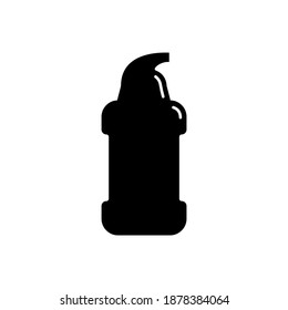 Cosmetic container in the form of plastic bottle with dispenser. Illustration design in the form of silhouette with thin white lines. Isolated icon in flat style on white background. Vector.
