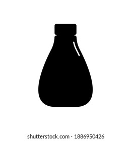 Contenedor cosmético en forma de frasco de plástico. Aceite, loción, higiene del cuidado corporal. Diseño de ilustración en forma de silueta con líneas blancas finas. Icono aislado en estilo plano sobre fondo.
